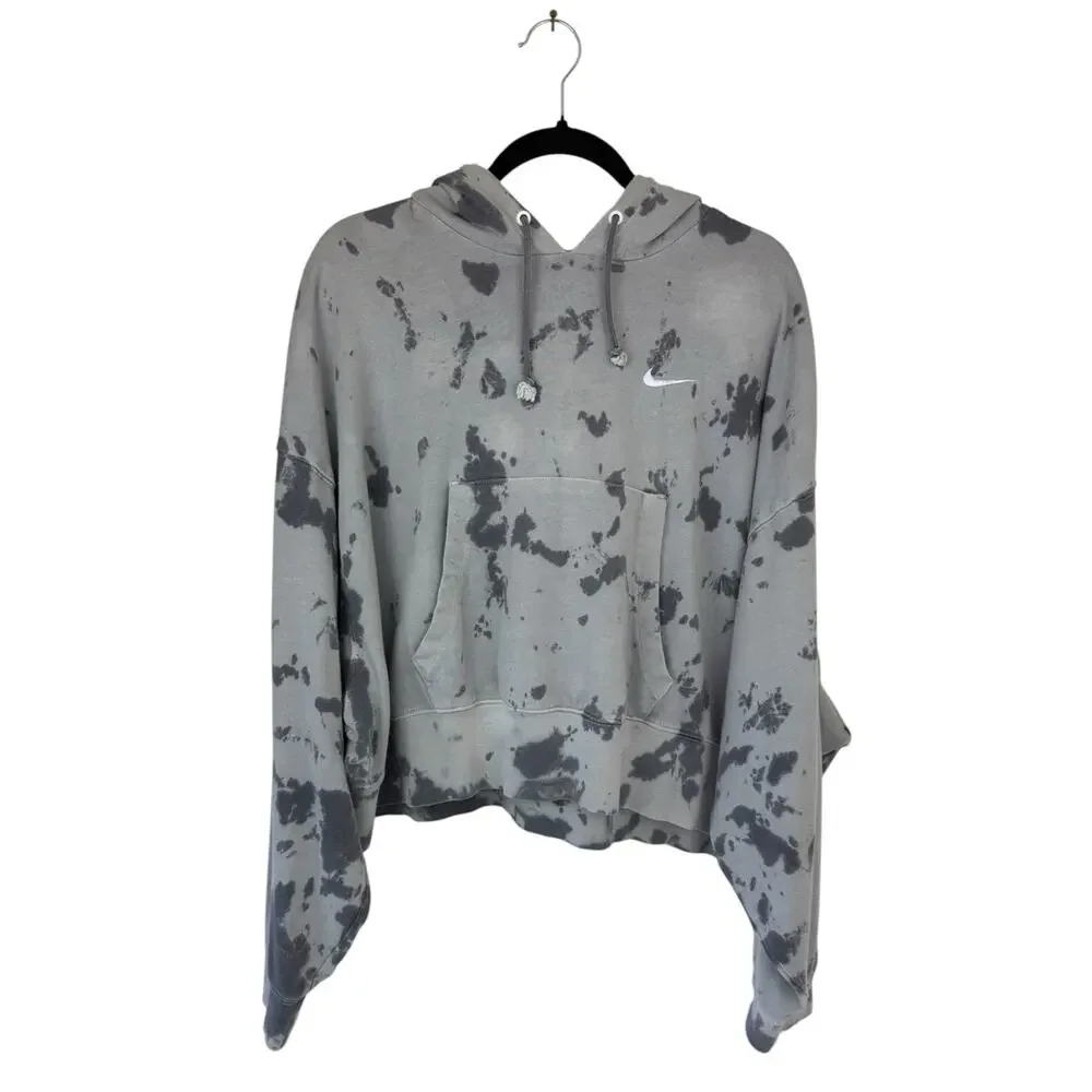 Nike Women's Oversized Cropped Hoodie Washed Jersey Black Grey Splash Dye Sz M
